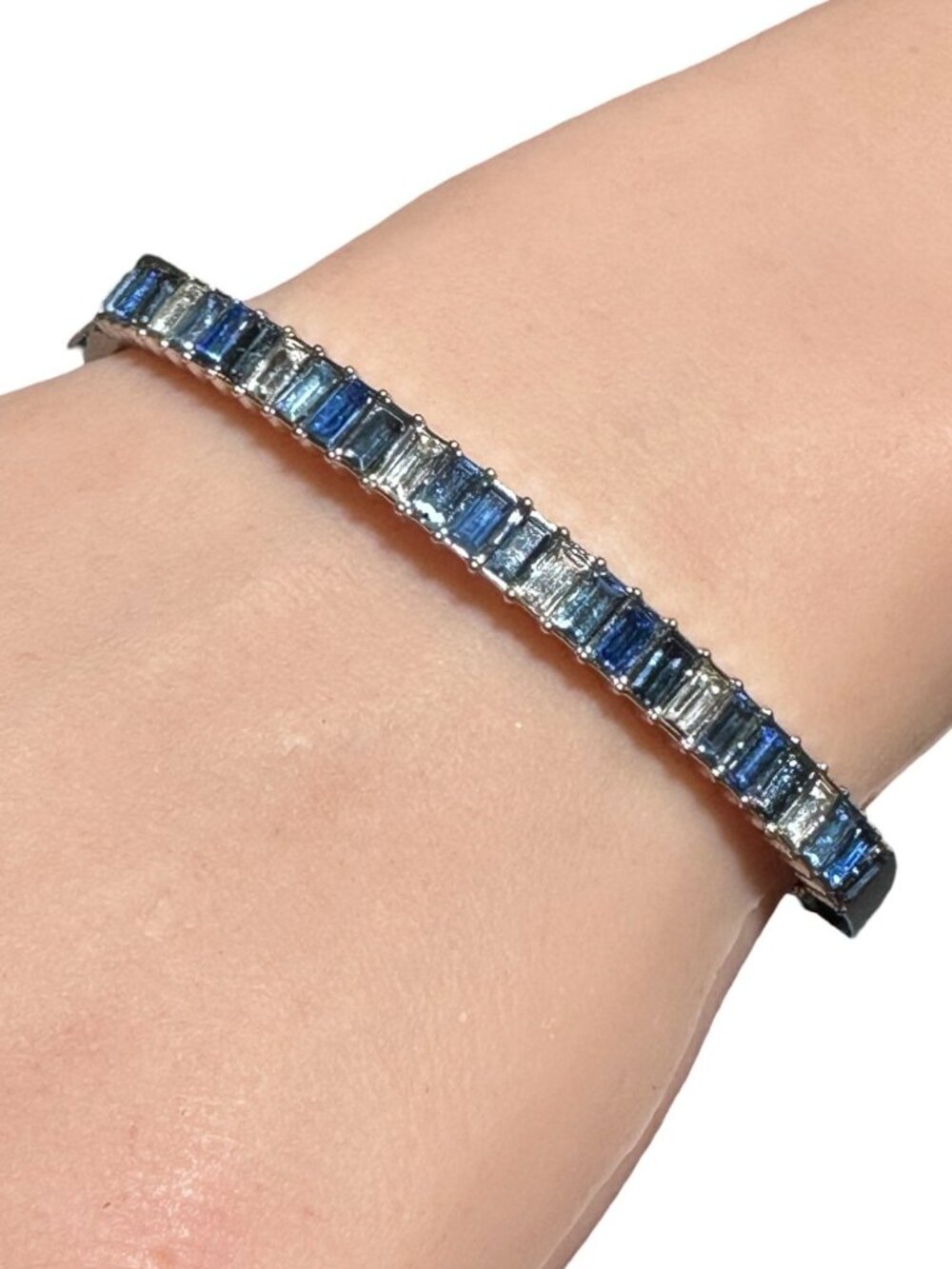 Clamper Hinged Bangle Bracelet Baguette-cut Rhinestone Blue White Silver Tone